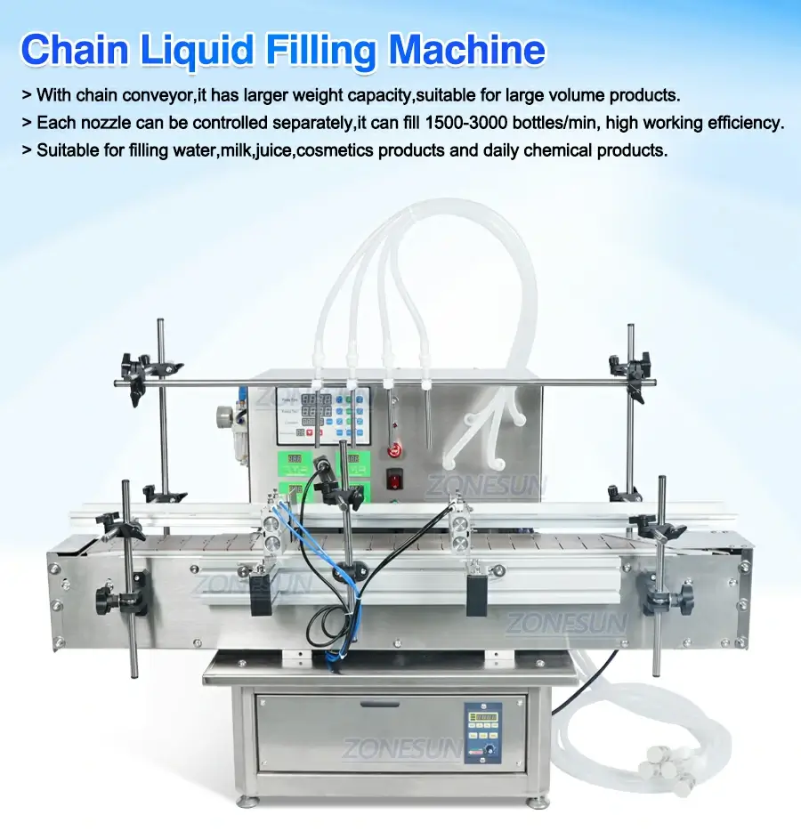 Diaphragm Pump Liquid Filling Machine With Chain Conveyor Belt-ZONESUN TECHNOLOGY LIMITED Diaphragm Pump Liquid Filling Machine With Chain Conveyor Belt-ZONESUN TECHNOLOGY LIMITED
