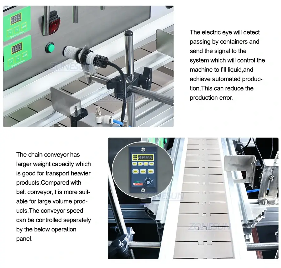 Diaphragm Pump Liquid Filling Machine With Chain Conveyor Belt-ZONESUN TECHNOLOGY LIMITED Diaphragm Pump Liquid Filling Machine With Chain Conveyor Belt-ZONESUN TECHNOLOGY LIMITED