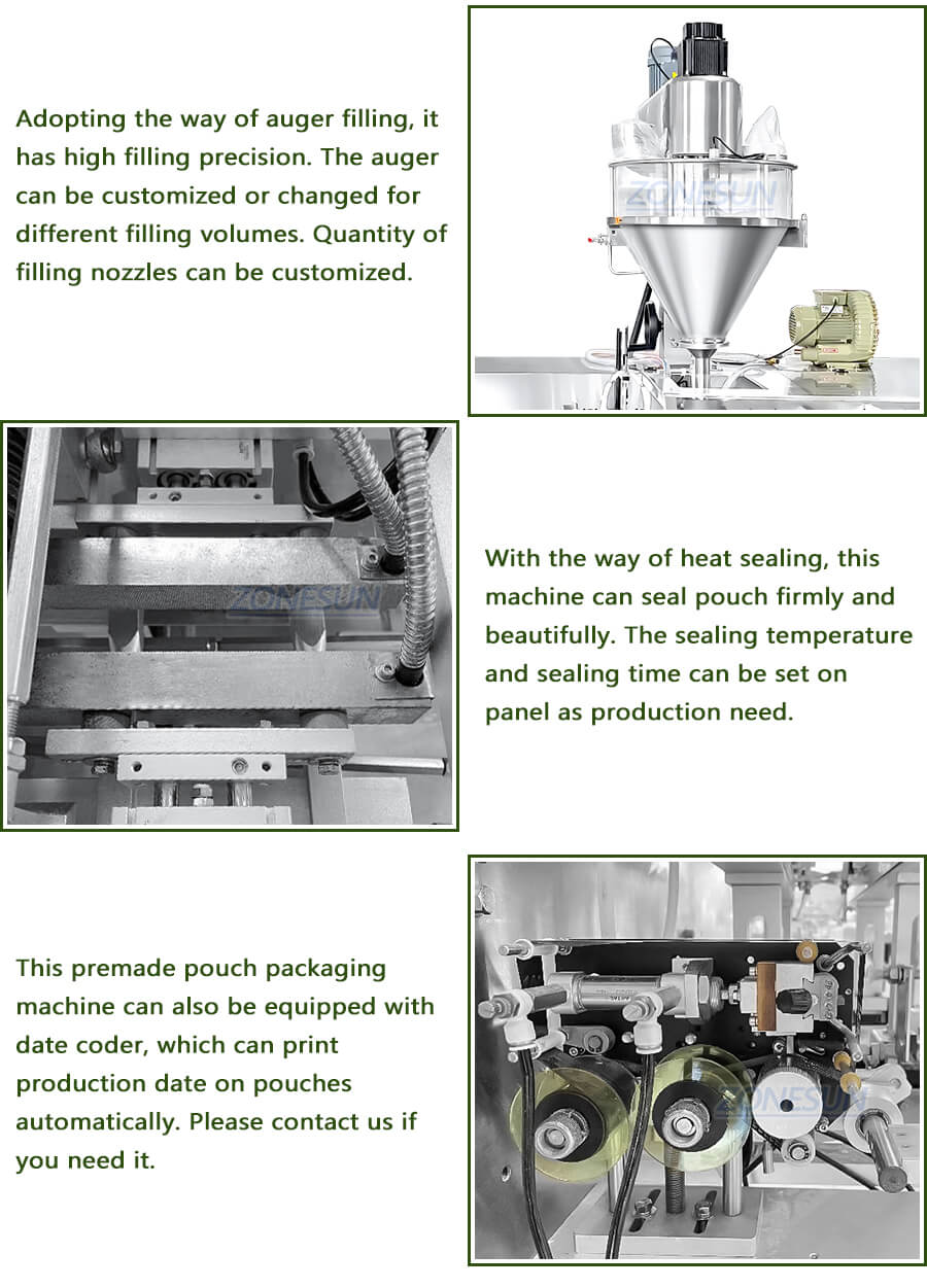 Powder Premade Pouch Filling Sealing Machine-ZONESUN TECHNOLOGY LIMITED Powder Premade Pouch Filling Sealing Machine-ZONESUN TECHNOLOGY LIMITED