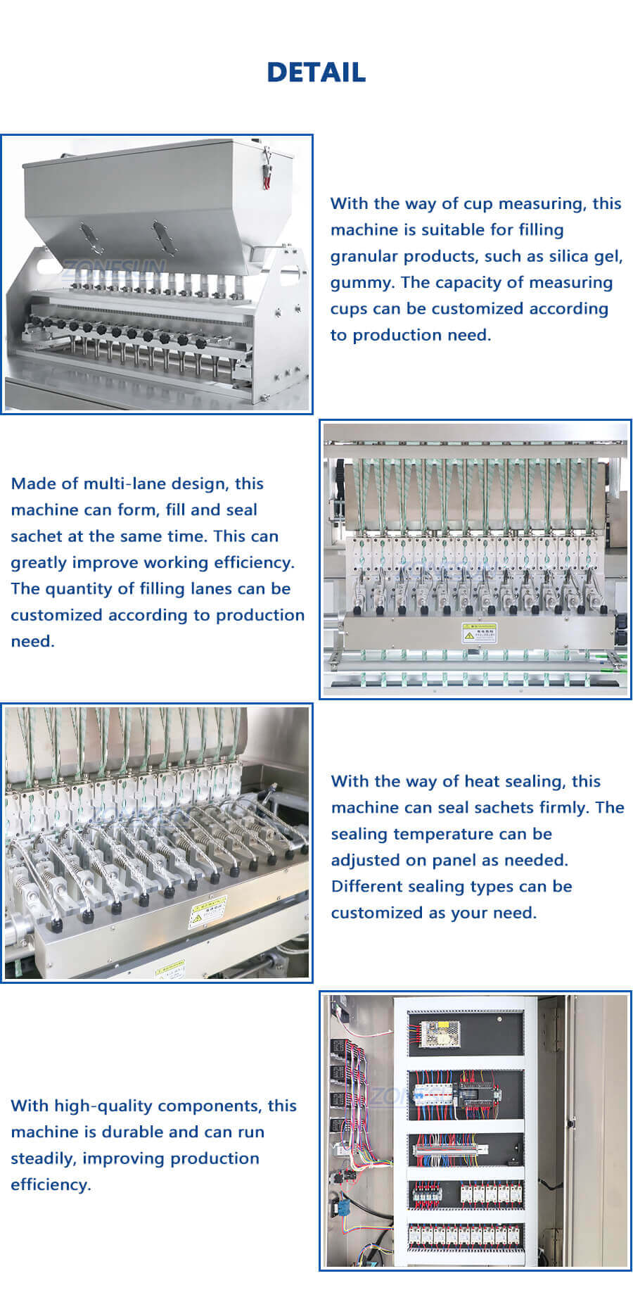 Multi-lines Sachet Granule Packing Machine-ZONESUN TECHNOLOGY LIMITED Multi-lines Sachet Granule Packing Machine-ZONESUN TECHNOLOGY LIMITED