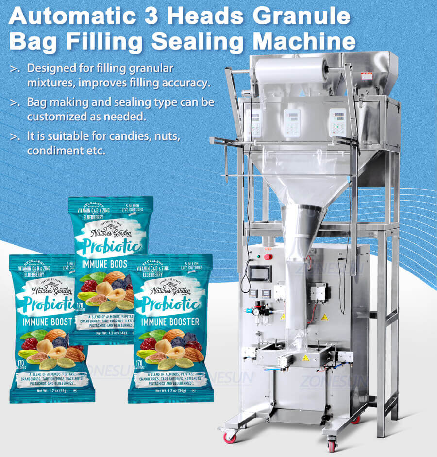 Three Heads Granule Bag Filling Sealing Machine-ZONESUN TECHNOLOGY LIMITED Three Heads Granule Bag Filling Sealing Machine-ZONESUN TECHNOLOGY LIMITED