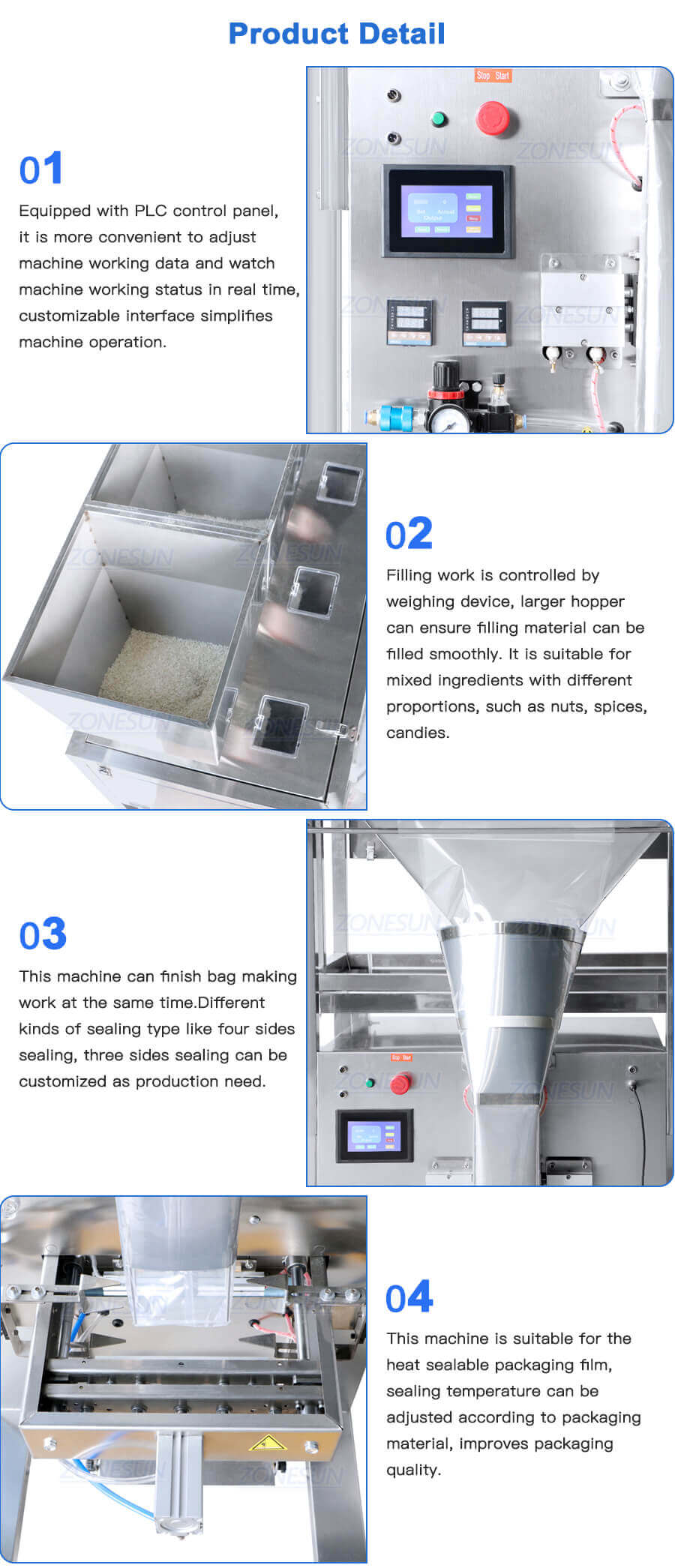 Three Heads Granule Bag Filling Sealing Machine-ZONESUN TECHNOLOGY LIMITED Three Heads Granule Bag Filling Sealing Machine-ZONESUN TECHNOLOGY LIMITED