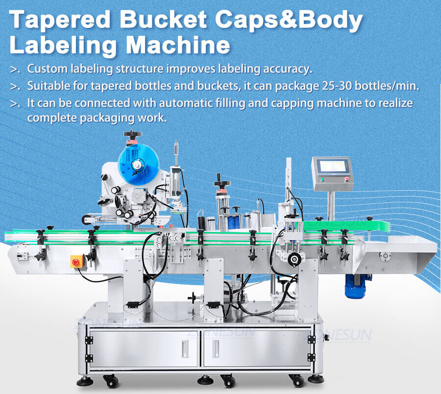 Tapered Bucket Labeling Machine-ZONESUN TECHNOLOGY LIMITED Tapered Bucket Labeling Machine-ZONESUN TECHNOLOGY LIMITED