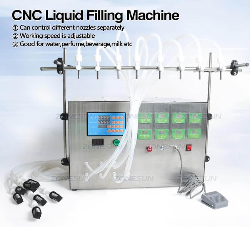 Semi Automatic 8Heads Liquid Filling Machine-ZONESUN TECHNOLOGY LIMITED Semi Automatic 8Heads Liquid Filling Machine-ZONESUN TECHNOLOGY LIMITED
