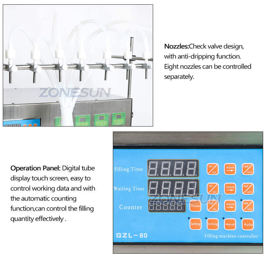 Semi Automatic 8Heads Liquid Filling Machine-ZONESUN TECHNOLOGY LIMITED Semi Automatic 8Heads Liquid Filling Machine-ZONESUN TECHNOLOGY LIMITED