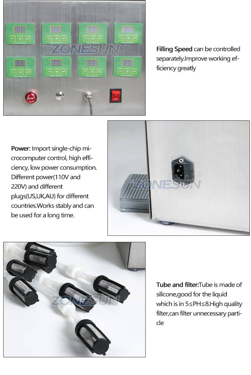 Semi Automatic 8Heads Liquid Filling Machine-ZONESUN TECHNOLOGY LIMITED Semi Automatic 8Heads Liquid Filling Machine-ZONESUN TECHNOLOGY LIMITED
