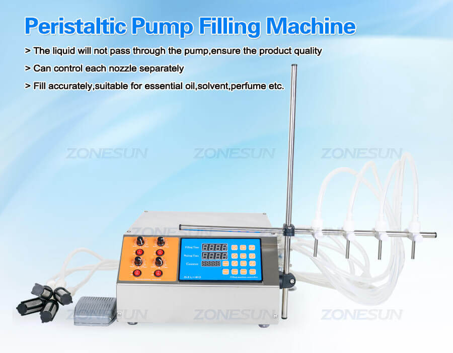 Semi Automatic 4 Heads Peristaltic Pump Cosmetic Liquid Filling Machine-ZONESUN TECHNOLOGY LIMITED Semi Automatic 4 Heads Peristaltic Pump Cosmetic Liquid Filling Machine-ZONESUN TECHNOLOGY LIMITED