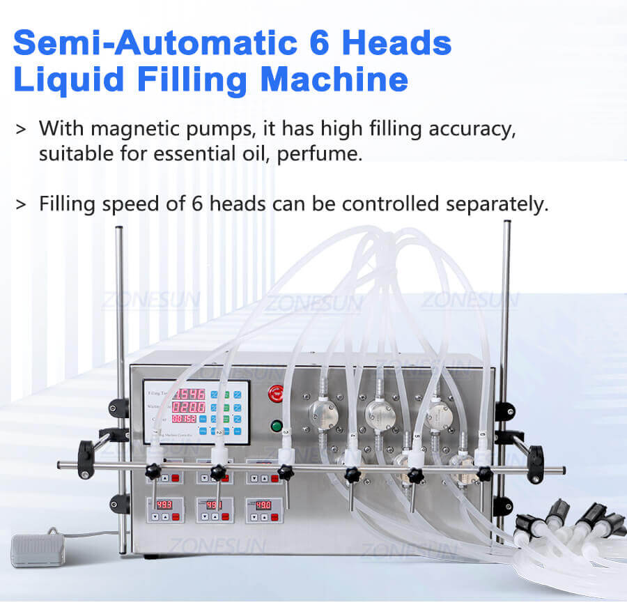 Semi Automatic 6 Heads Magnetic Pump Liquid Filling Machine-ZONESUN TECHNOLOGY LIMITED Semi Automatic 6 Heads Magnetic Pump Liquid Filling Machine-ZONESUN TECHNOLOGY LIMITED