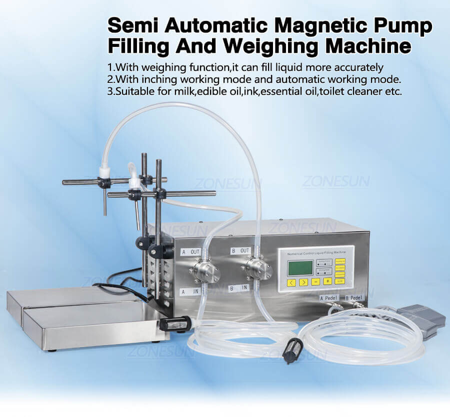 Double Head Magnetic Pump Weighing Filling Machine-ZONESUN TECHNOLOGY LIMITED Double Head Magnetic Pump Weighing Filling Machine-ZONESUN TECHNOLOGY LIMITED