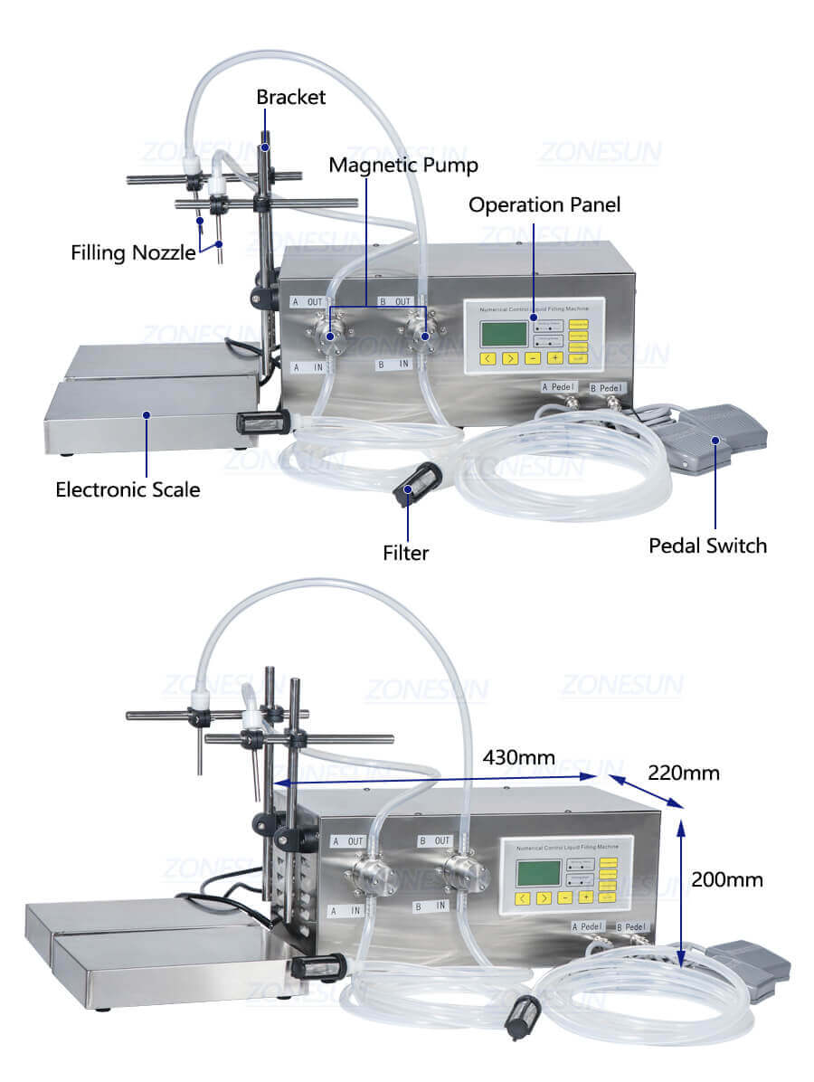 Double Head Magnetic Pump Weighing Filling Machine-ZONESUN TECHNOLOGY LIMITED Double Head Magnetic Pump Weighing Filling Machine-ZONESUN TECHNOLOGY LIMITED