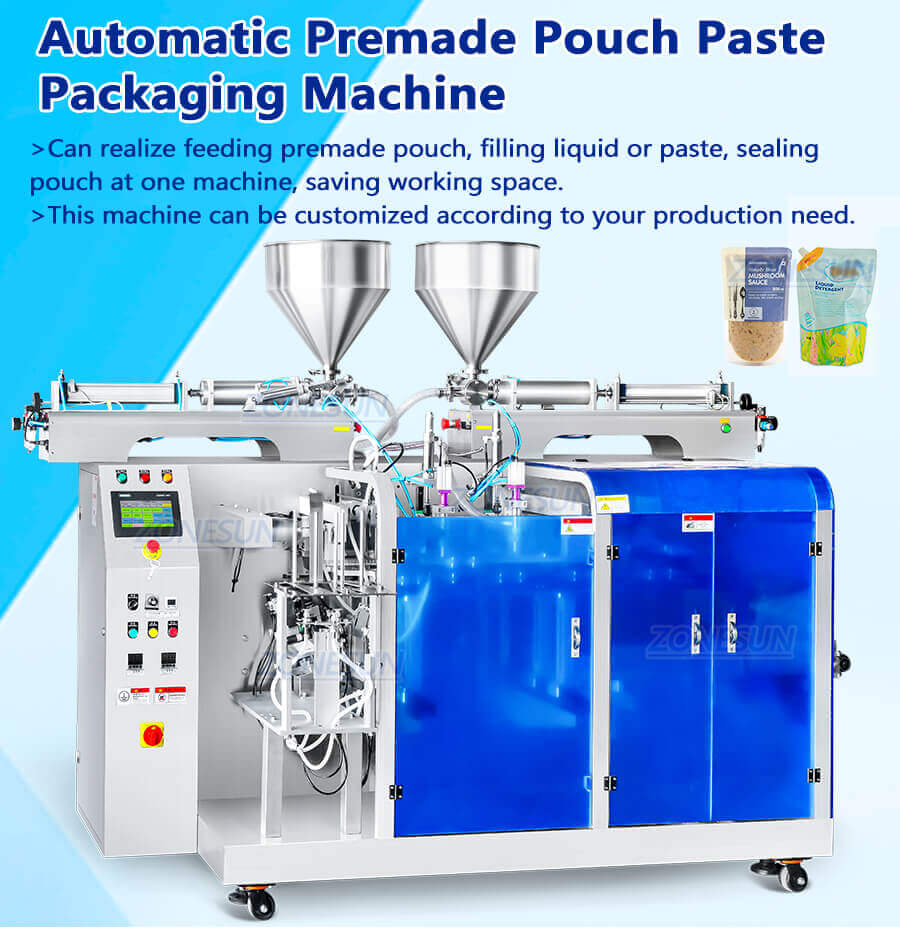 Automatic Premade Pouch Paste Filling Sealing Machine-ZONESUN TECHNOLOGY LIMITED Automatic Premade Pouch Paste Filling Sealing Machine-ZONESUN TECHNOLOGY LIMITED