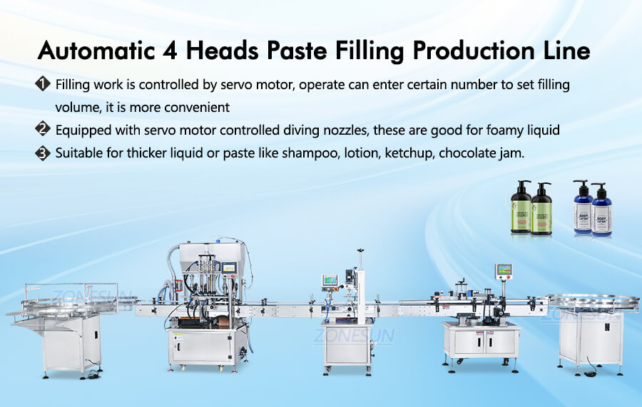 Automatic 4 Heads Paste Filling Production Line-ZONESUN TECHNOLOGY LIMITED