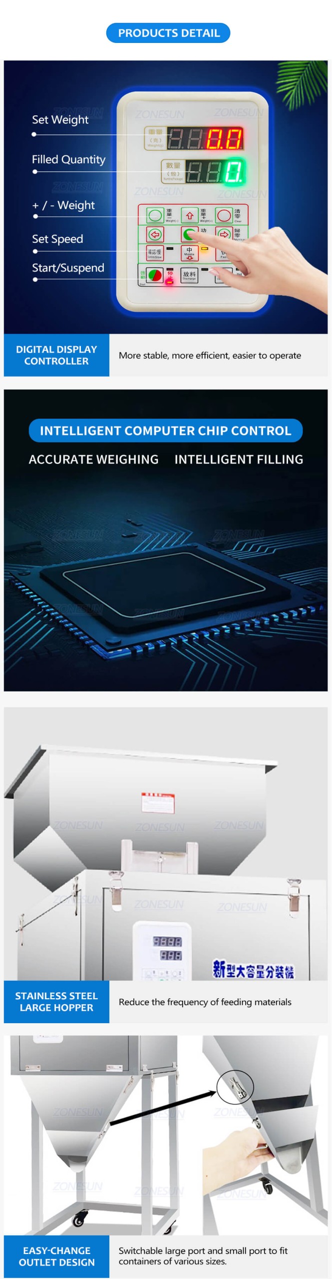 Food Chips Granules Weighing Filling Machine-ZONESUN TECHNOLOGY LIMITED Food Chips Granules Weighing Filling Machine-ZONESUN TECHNOLOGY LIMITED