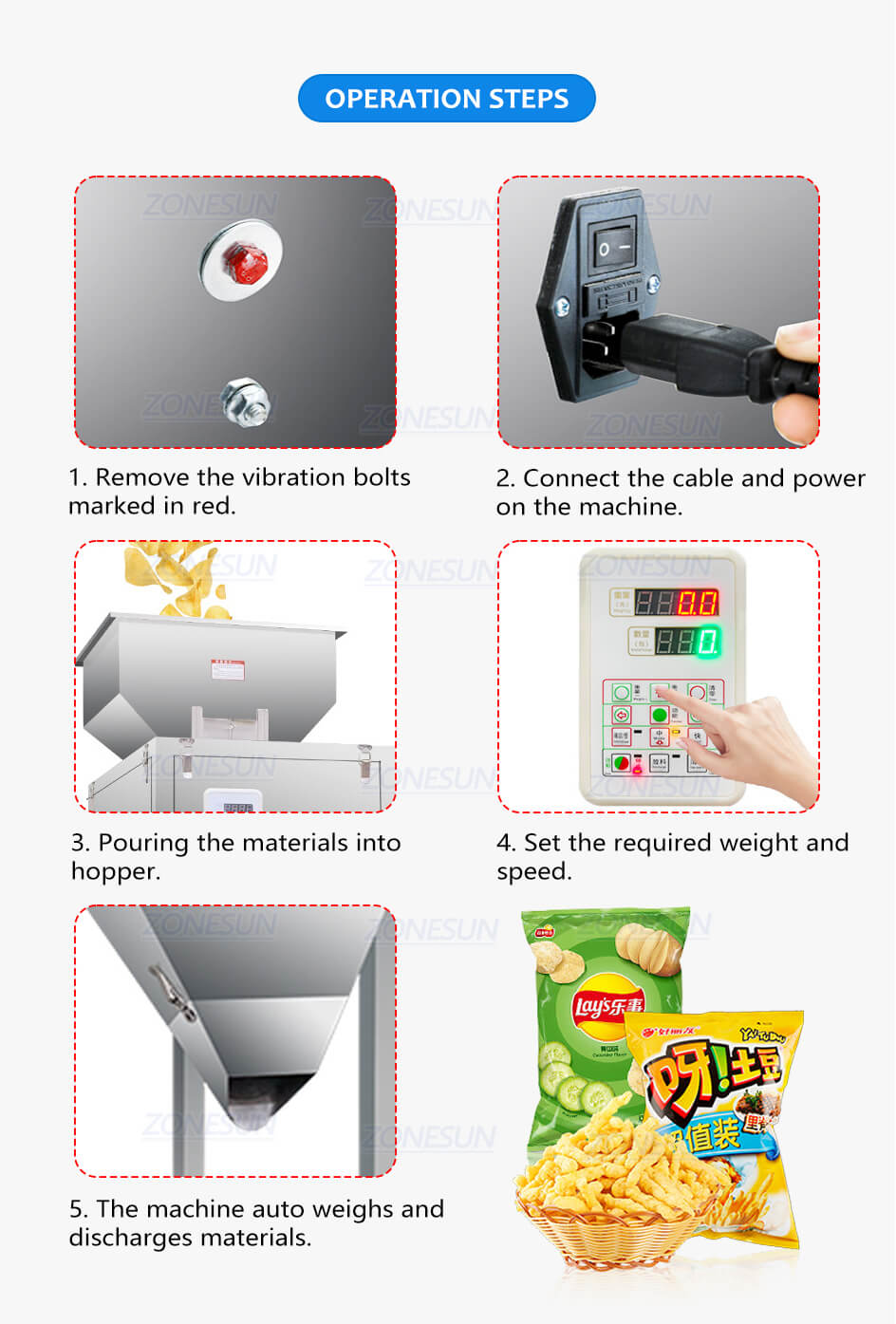 Food Chips Granules Weighing Filling Machine-ZONESUN TECHNOLOGY LIMITED Food Chips Granules Weighing Filling Machine-ZONESUN TECHNOLOGY LIMITED